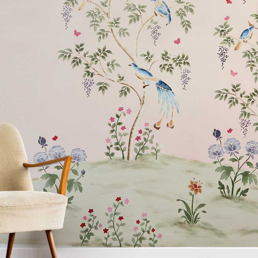 birds and berries chinoiserie stencil for walls