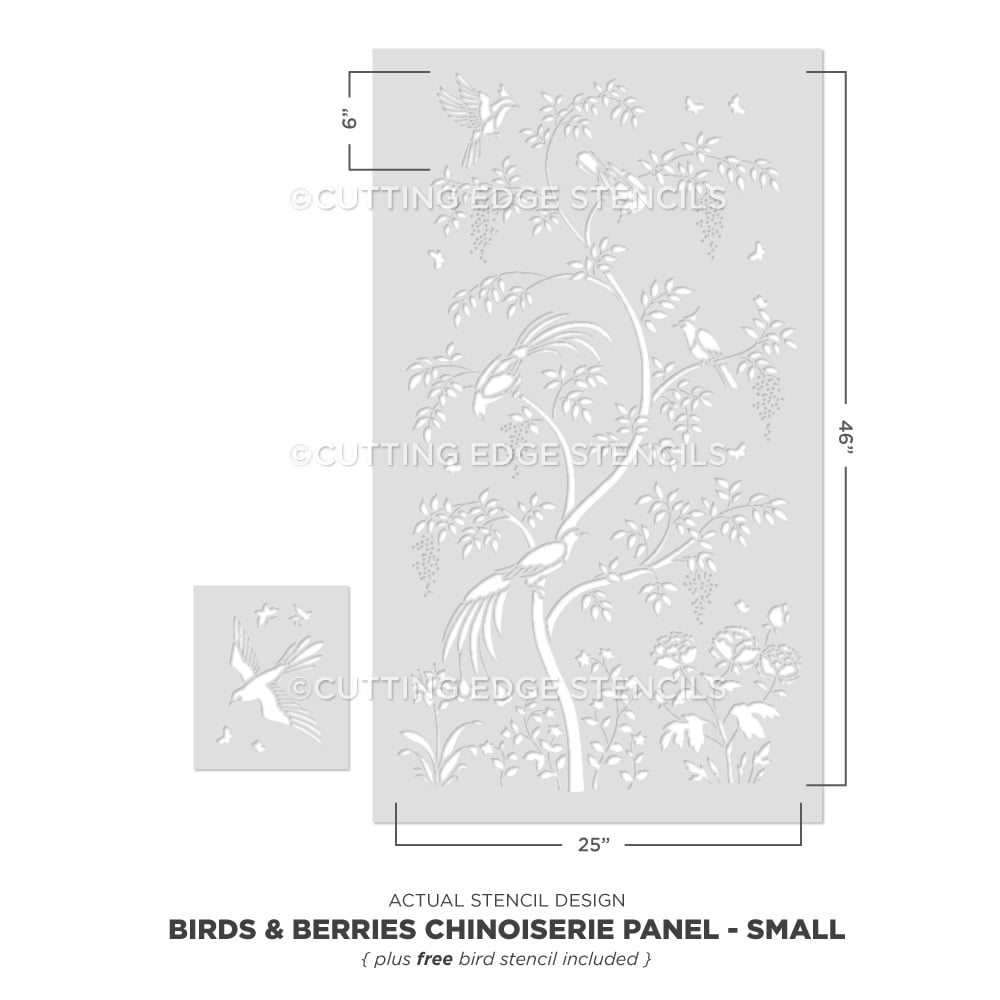 Chinoiserie stencil birds berries actual design small panel