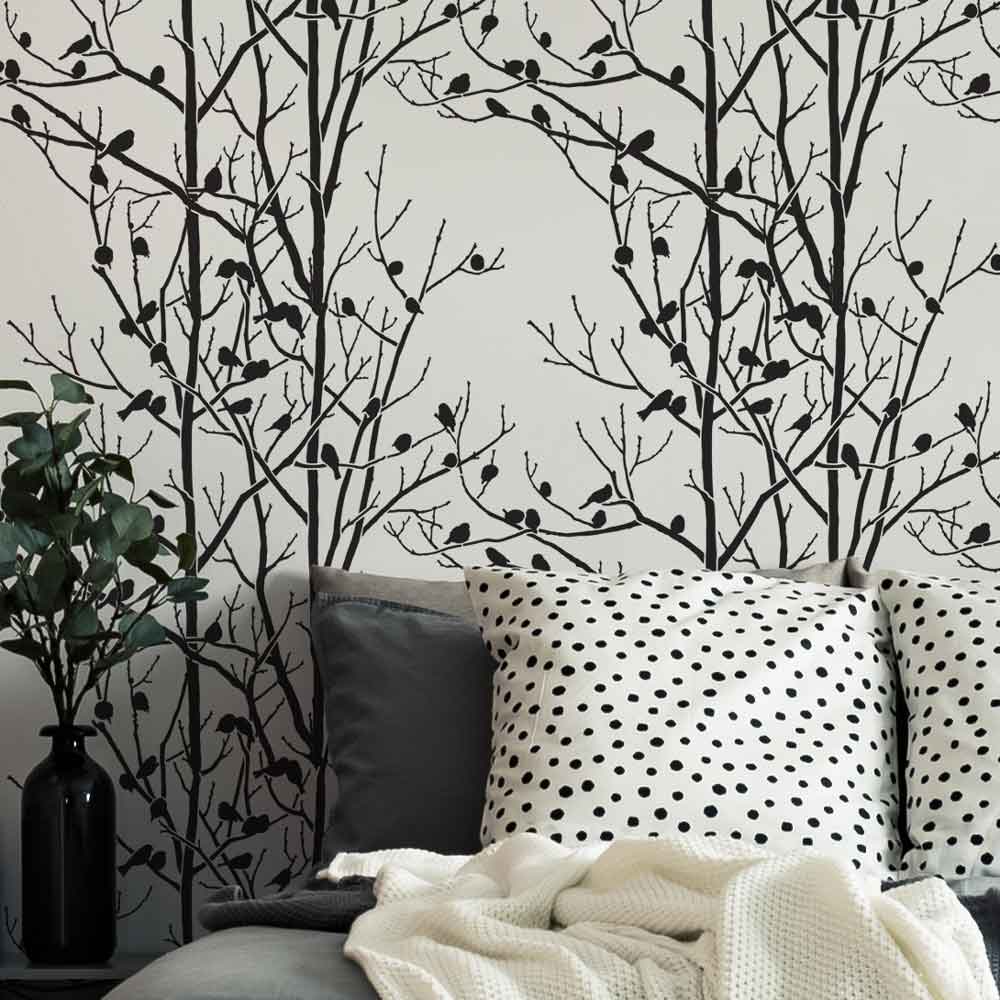 Birds in trees bedroom wall stencil