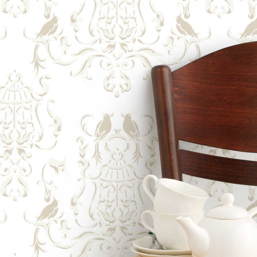 Birds of paradize damask wall stencil