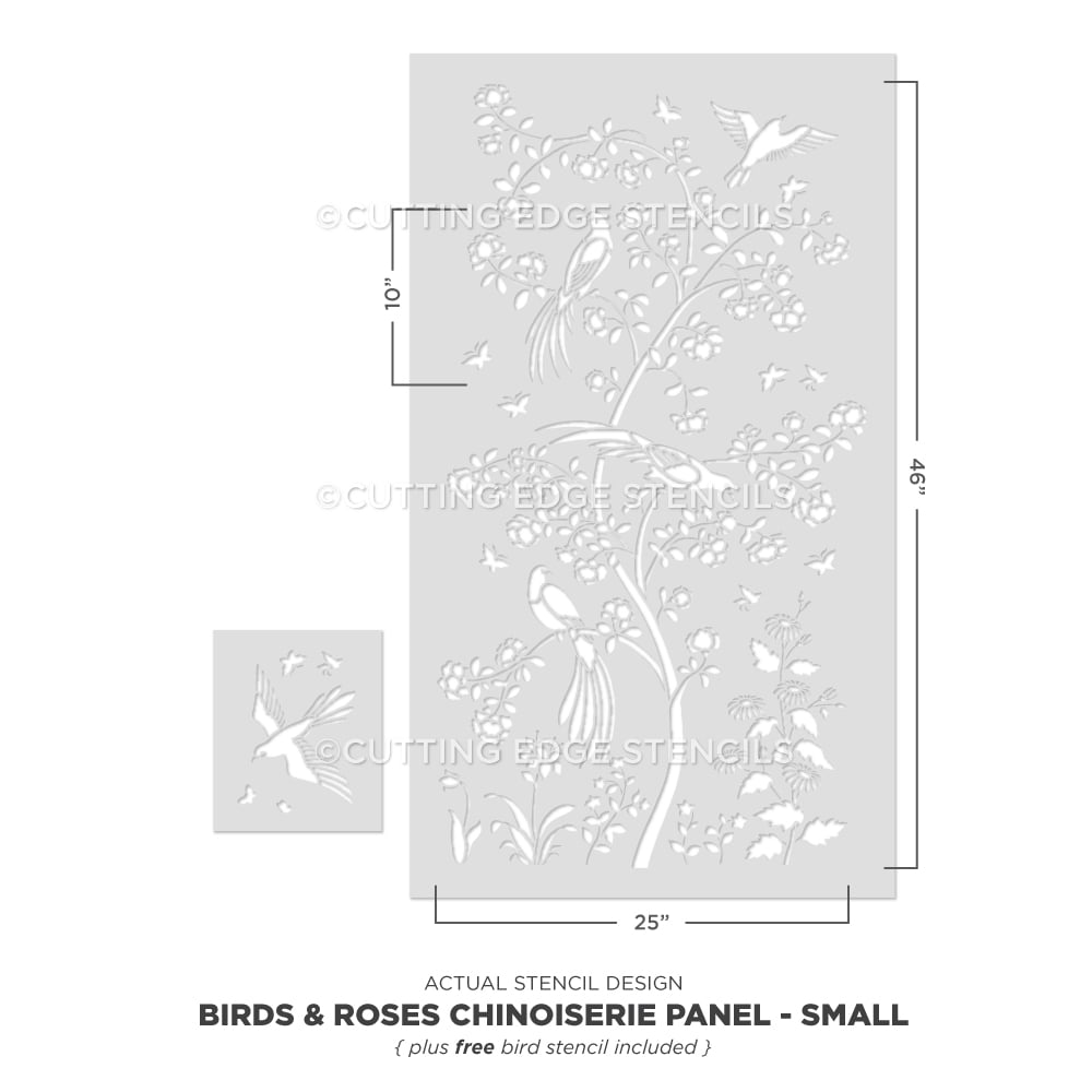 Chinoiserie stencil birds roses actual design small panel