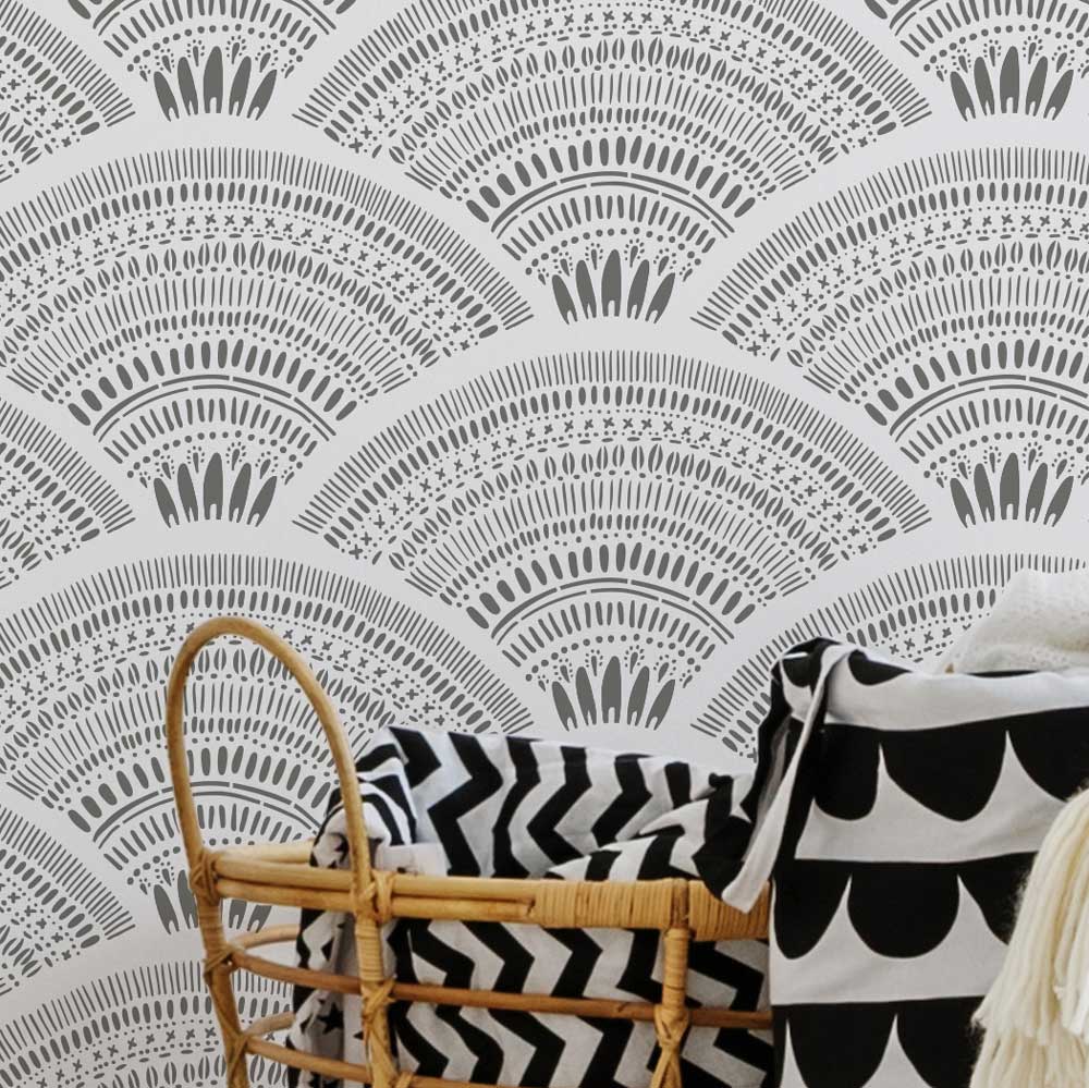 Boho Fans Allover Stencil for Walls Grey Bedroom Wall