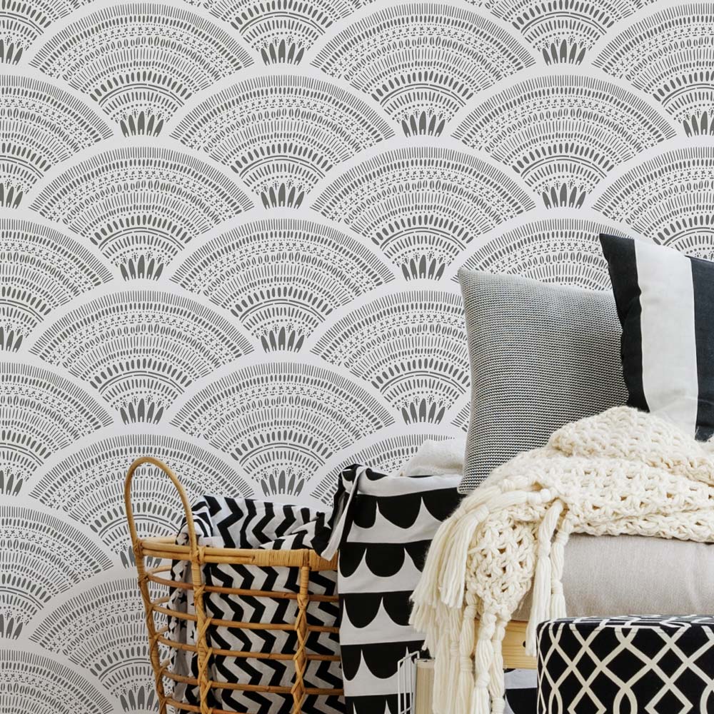 Boho Fans Allover Stencil for Walls Grey Bedroom Wall