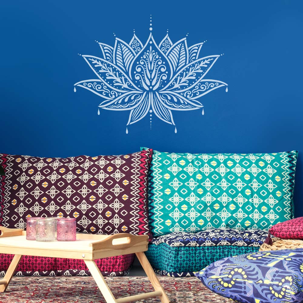 blue boho lotus stencil living room stenciled wall