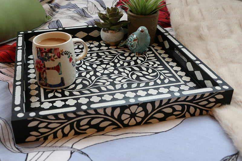 black and white bone inlay stenciled serving tray