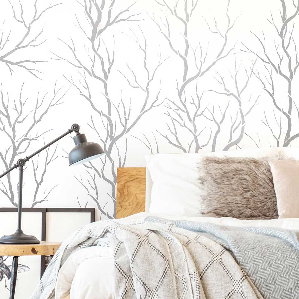 Pear branch wall stencil on white accent wall