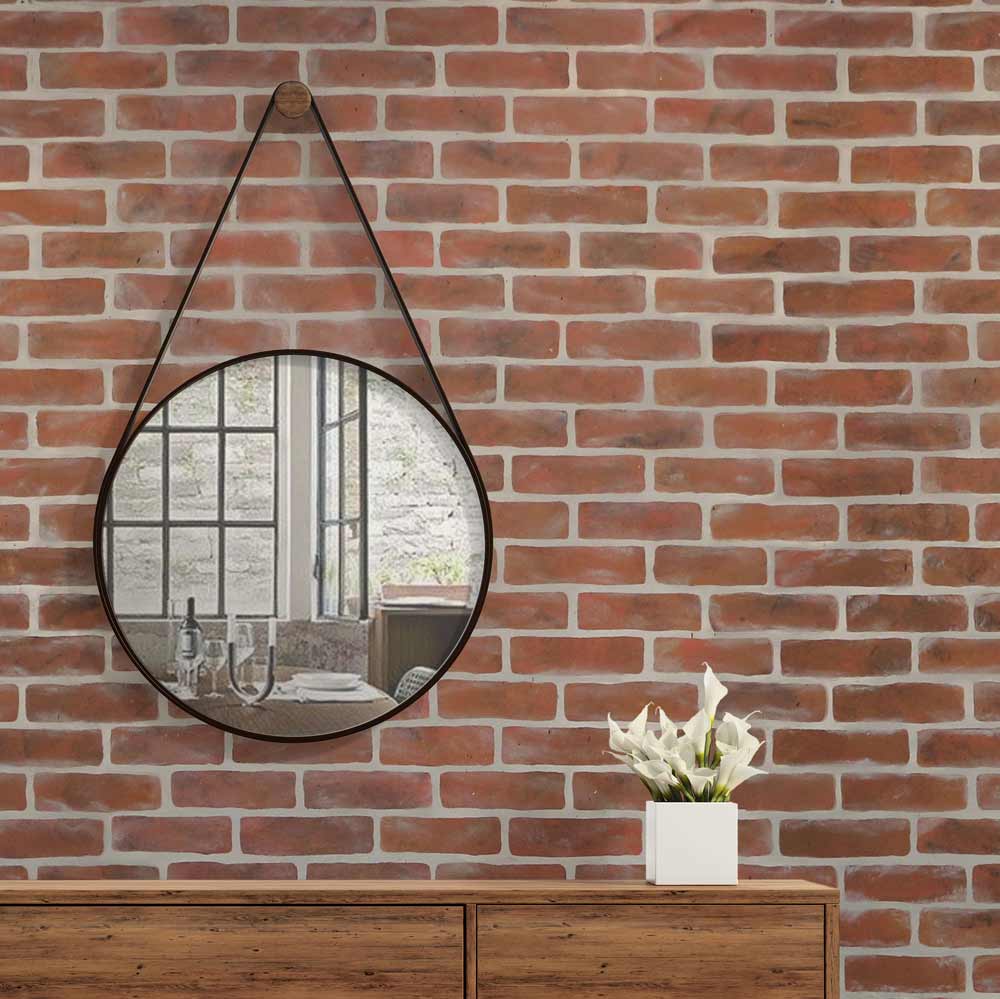 red brick stencil entry way wall