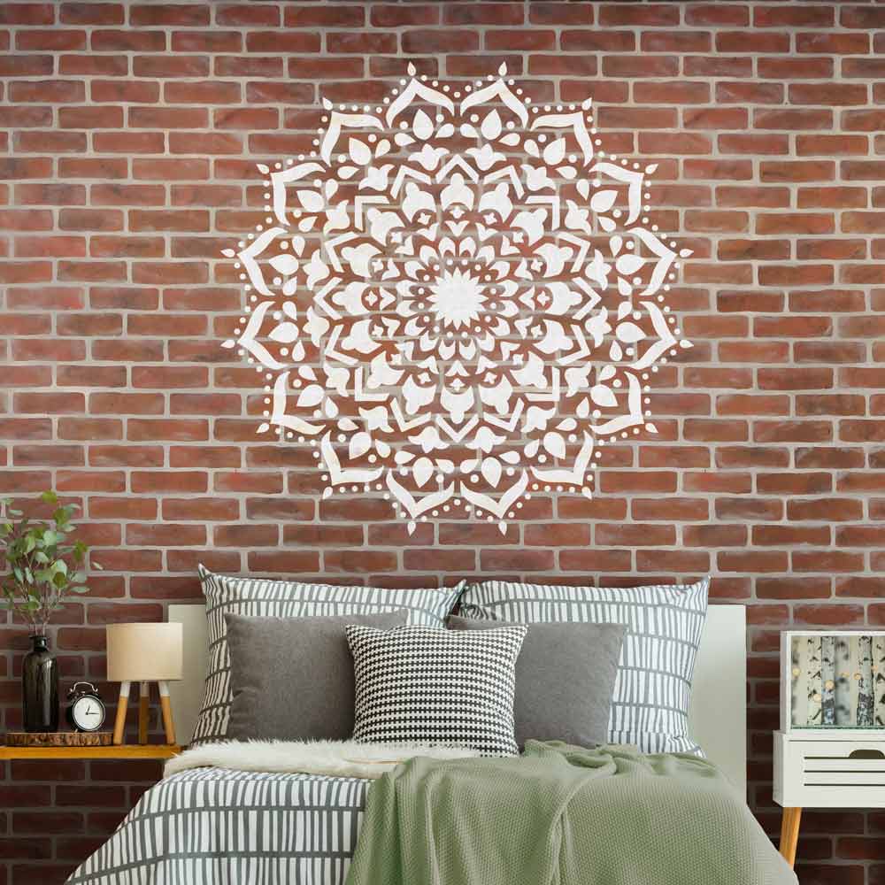 stenciled red brick bedroom wall