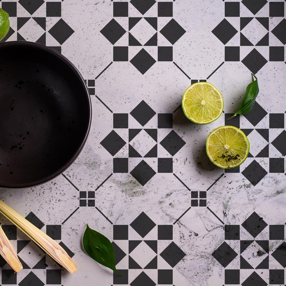 black and white stenciled tile floor