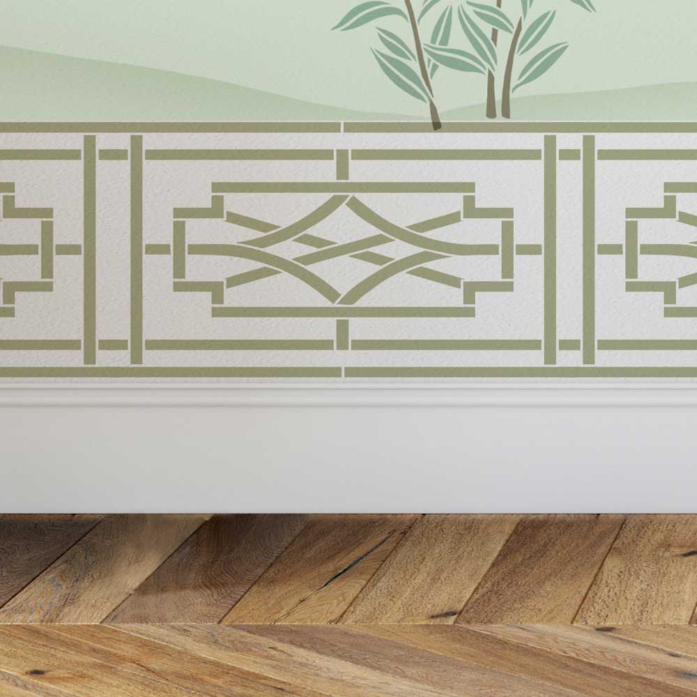 chinoiserie grill wall stencil close up living room