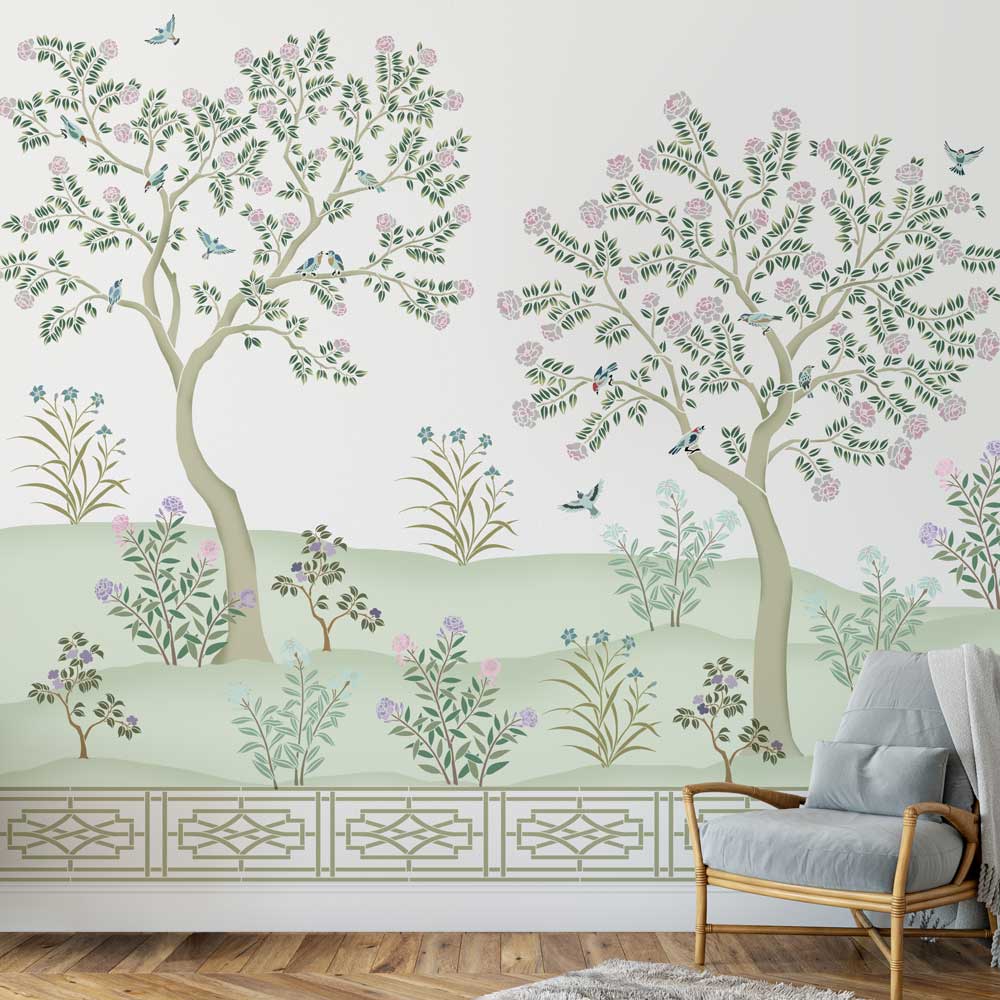 living room lily stencil chinoiserie mural