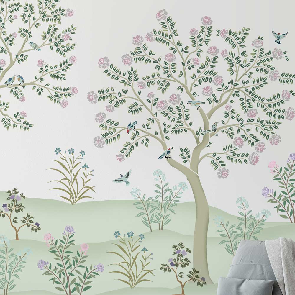 tree two close up chinoiserie wall pattern stencil kit