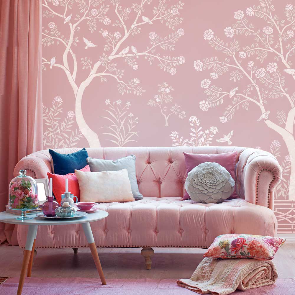 pink chinoiserie kit for living room wall peony bush stencil