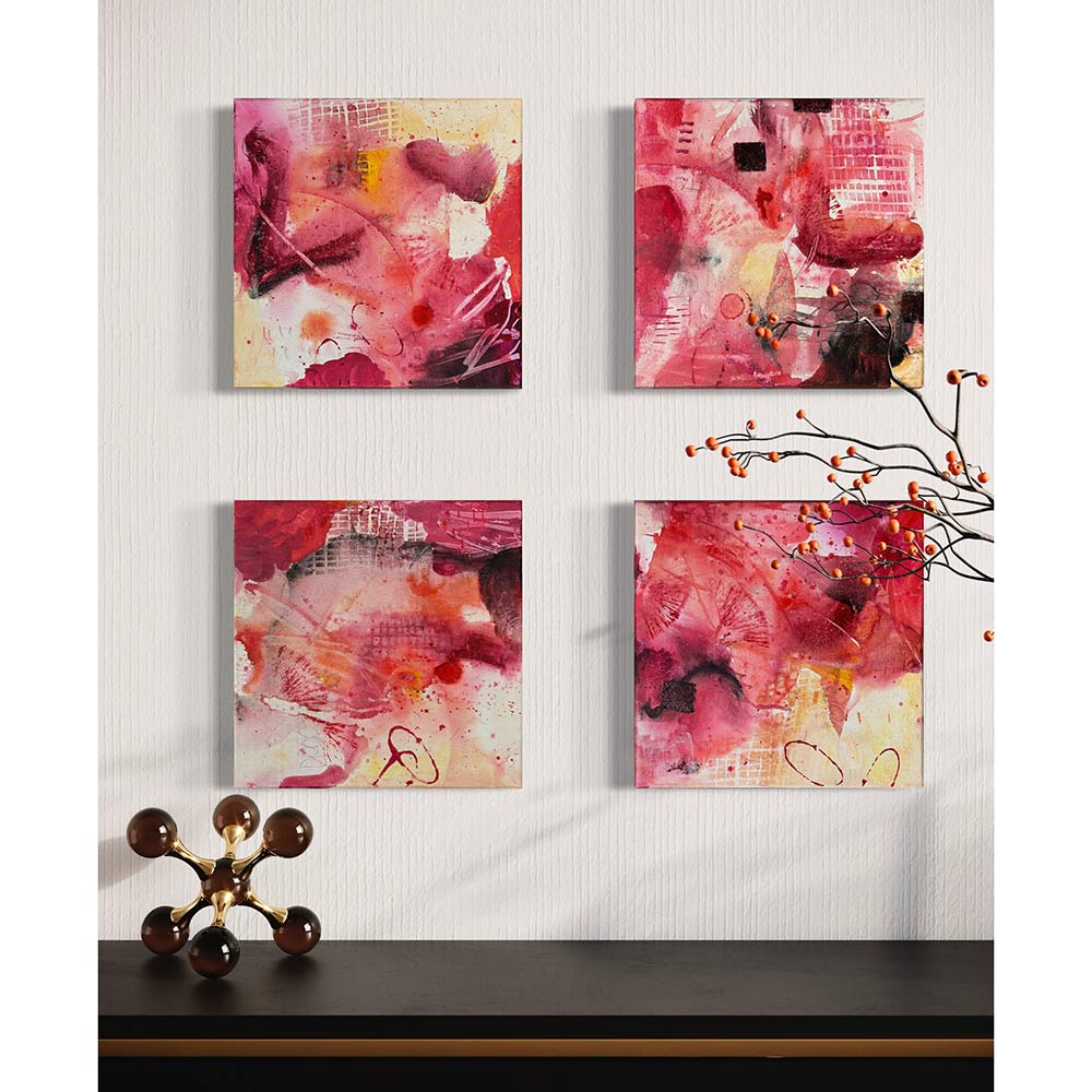 "Crimson discoveries" original acrylic abstract paintings, set of 4