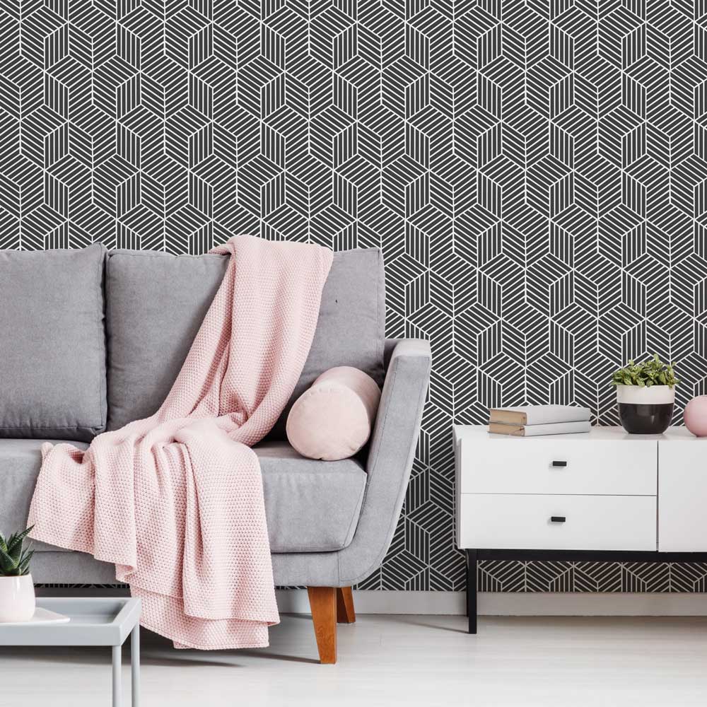 black and white modern stencil living room wall