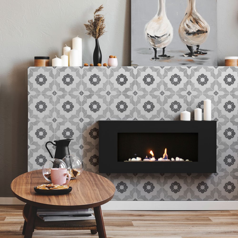 grey dahlia tile fireplace living room