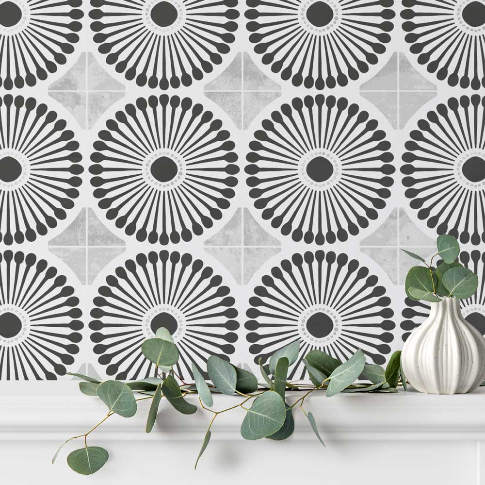 Fireplace mantle daisy tile stencil black and white wall