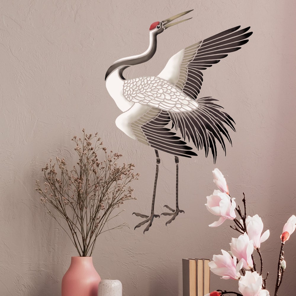 japanese crane stencil on wall