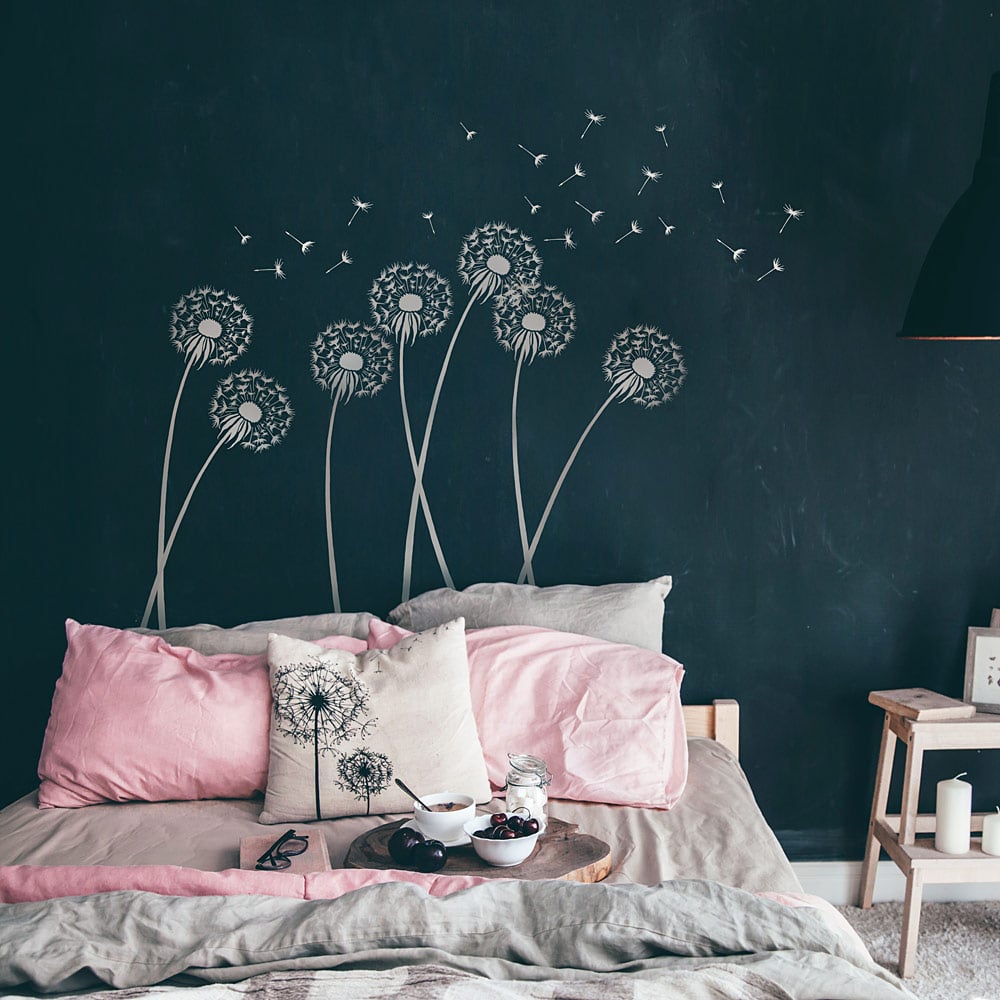 dandelion stencil on dark bedroom wall