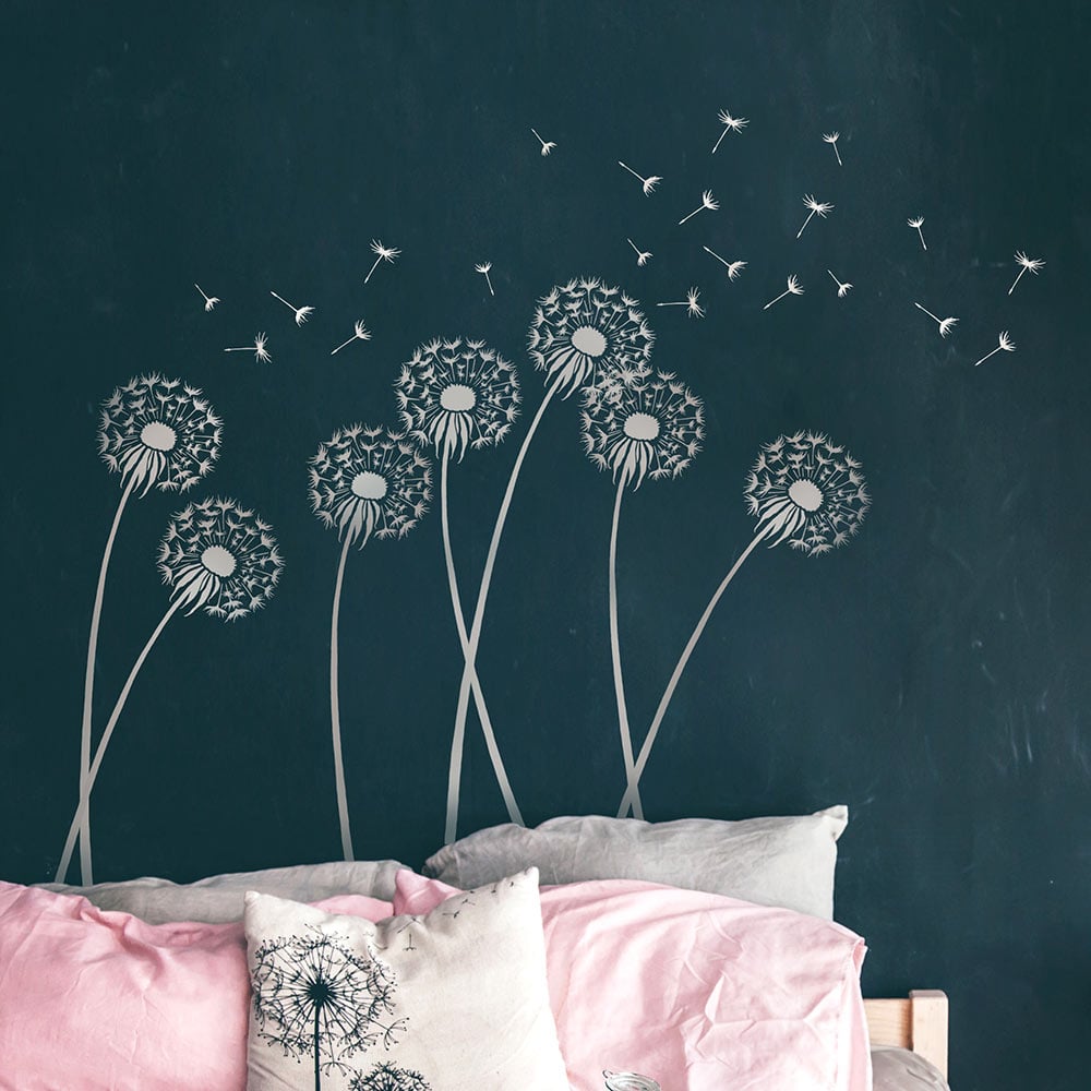 Dandelion stenciled on walls flower stencils dark teal wall