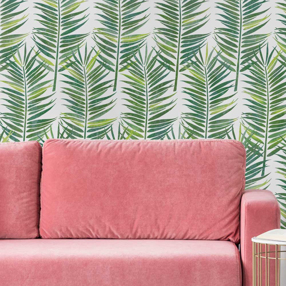 green date palm leaf living room wall stencil