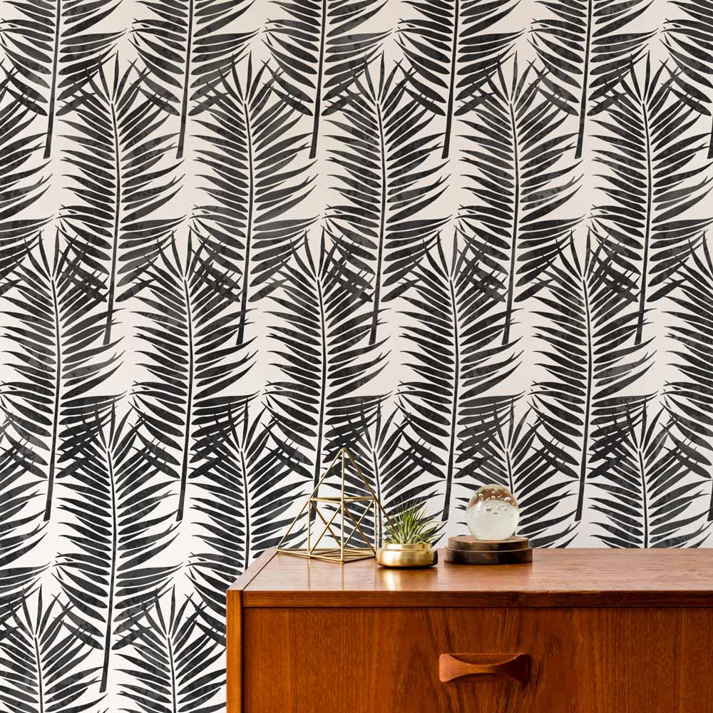 date palm leaf wall stencil black and white stenciled wall