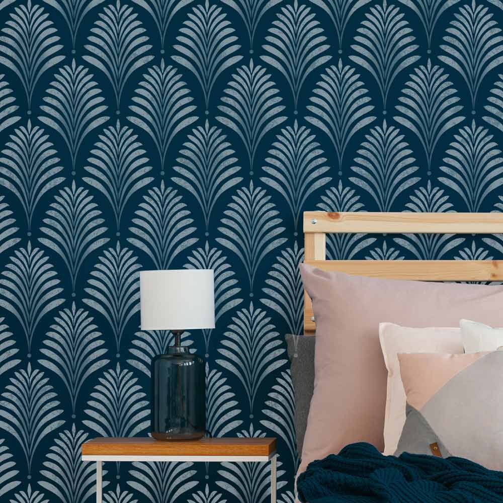 Metallic Deco Palm wall stencil in deep blue bedroom wall