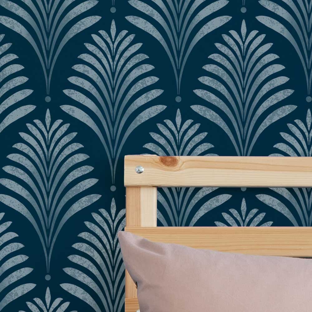 Metallic Deco Palm wall stencil in deep blue bedroom wall