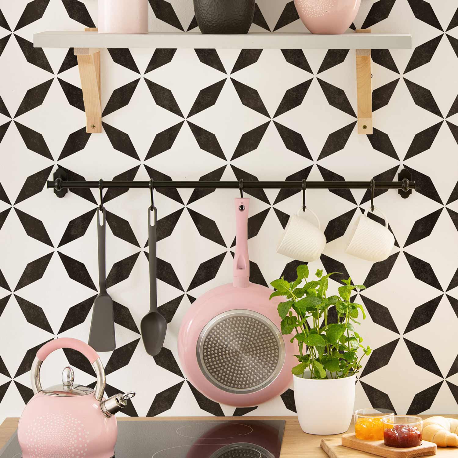 geometric tile stenciled backsplash