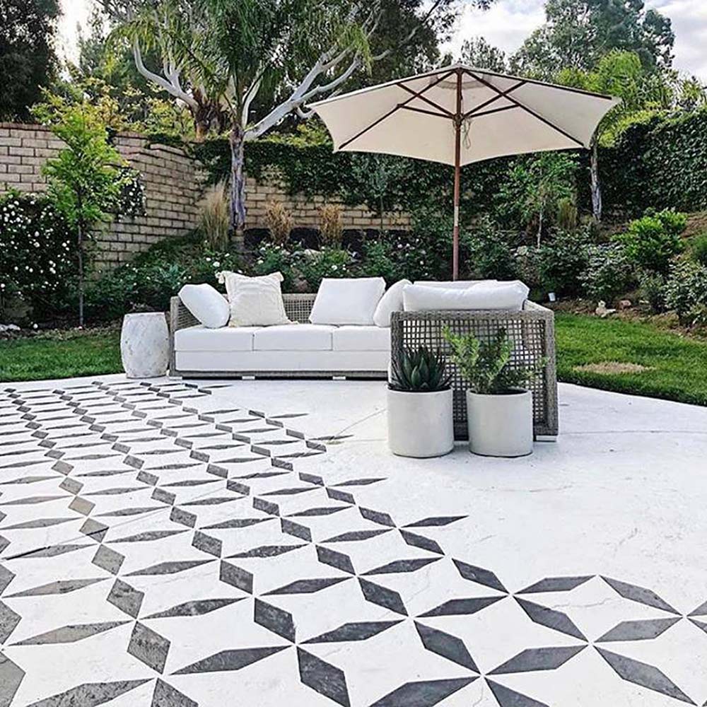 geometric tile stencil cement patio