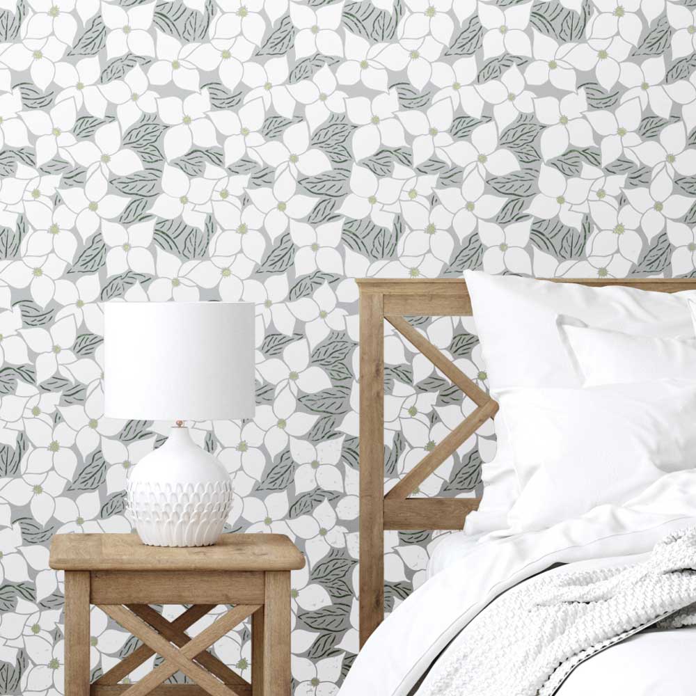 bedroom white neutral wall stencil dogwood