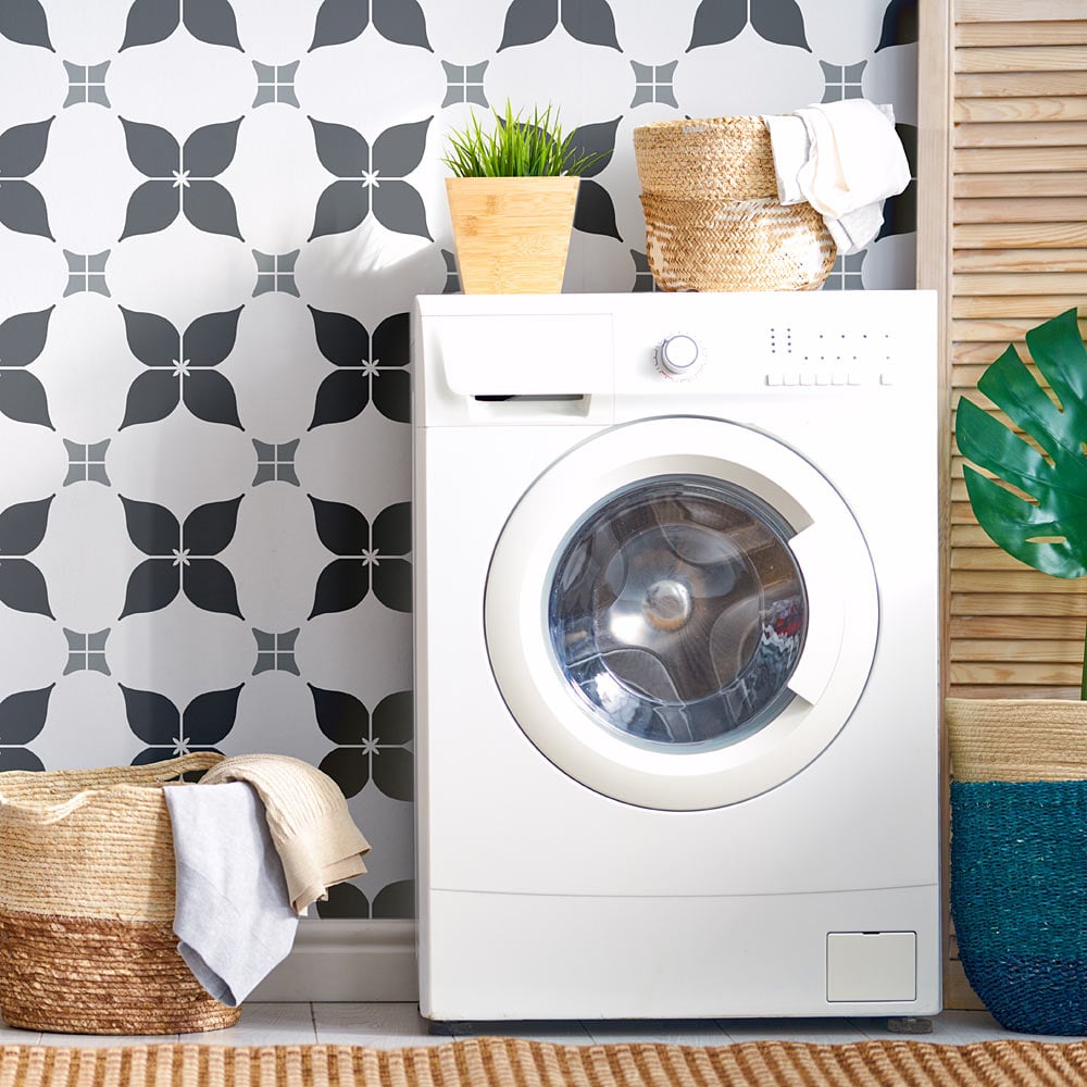 grey laundry room dogwood tile stencil