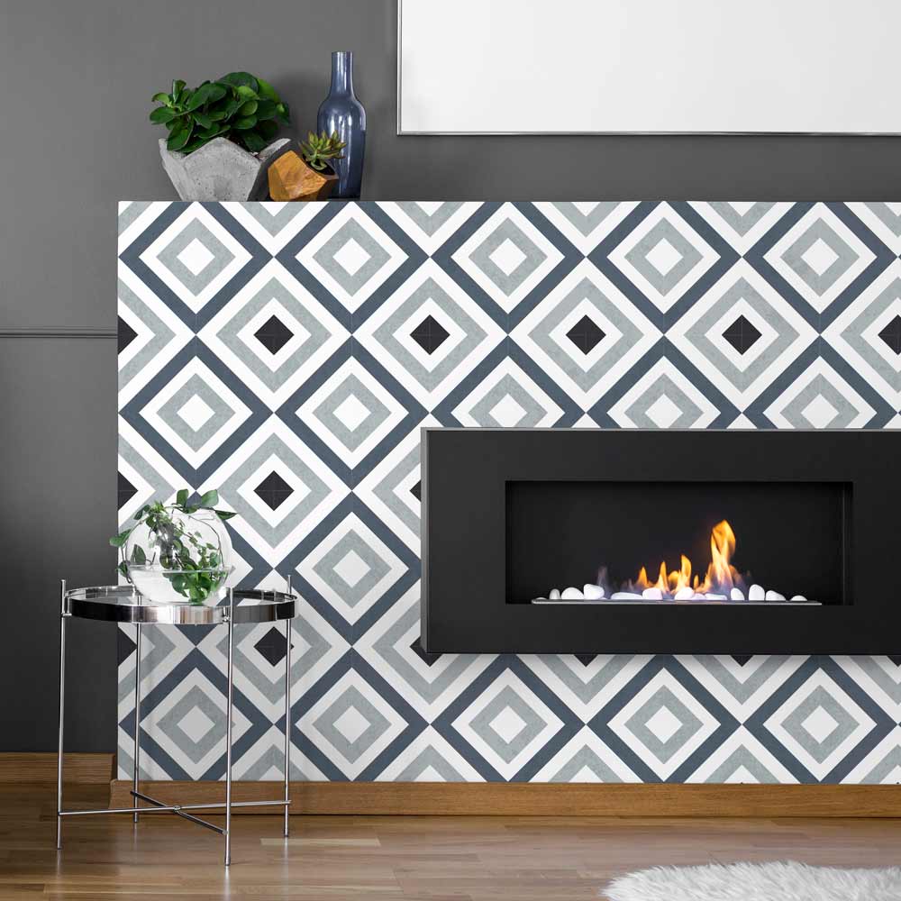 Modern Fireplace featuring the echo tile stencil in grey and blue