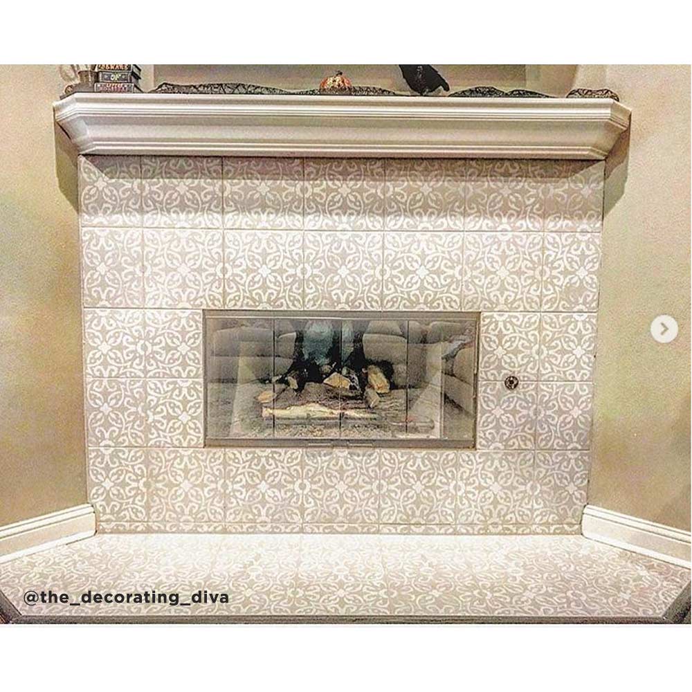 stenciled fireplace tile