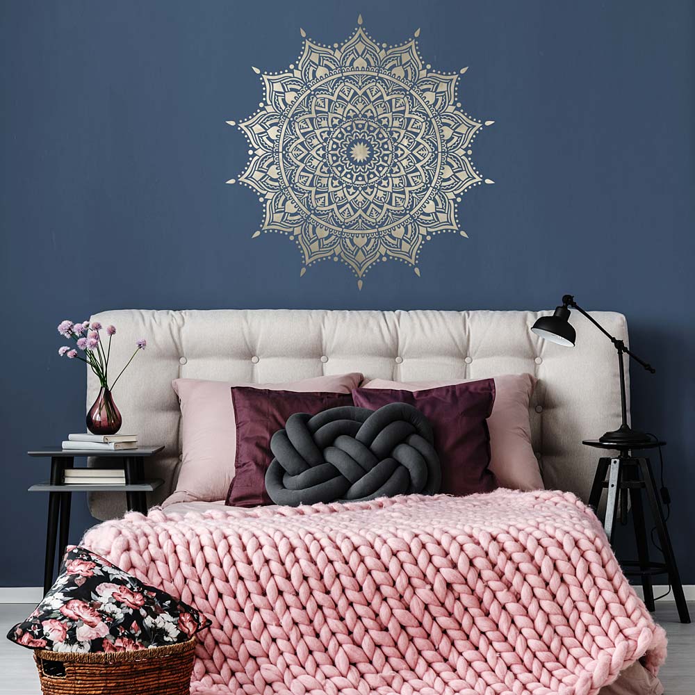 mandala stencil dark bedroom wall