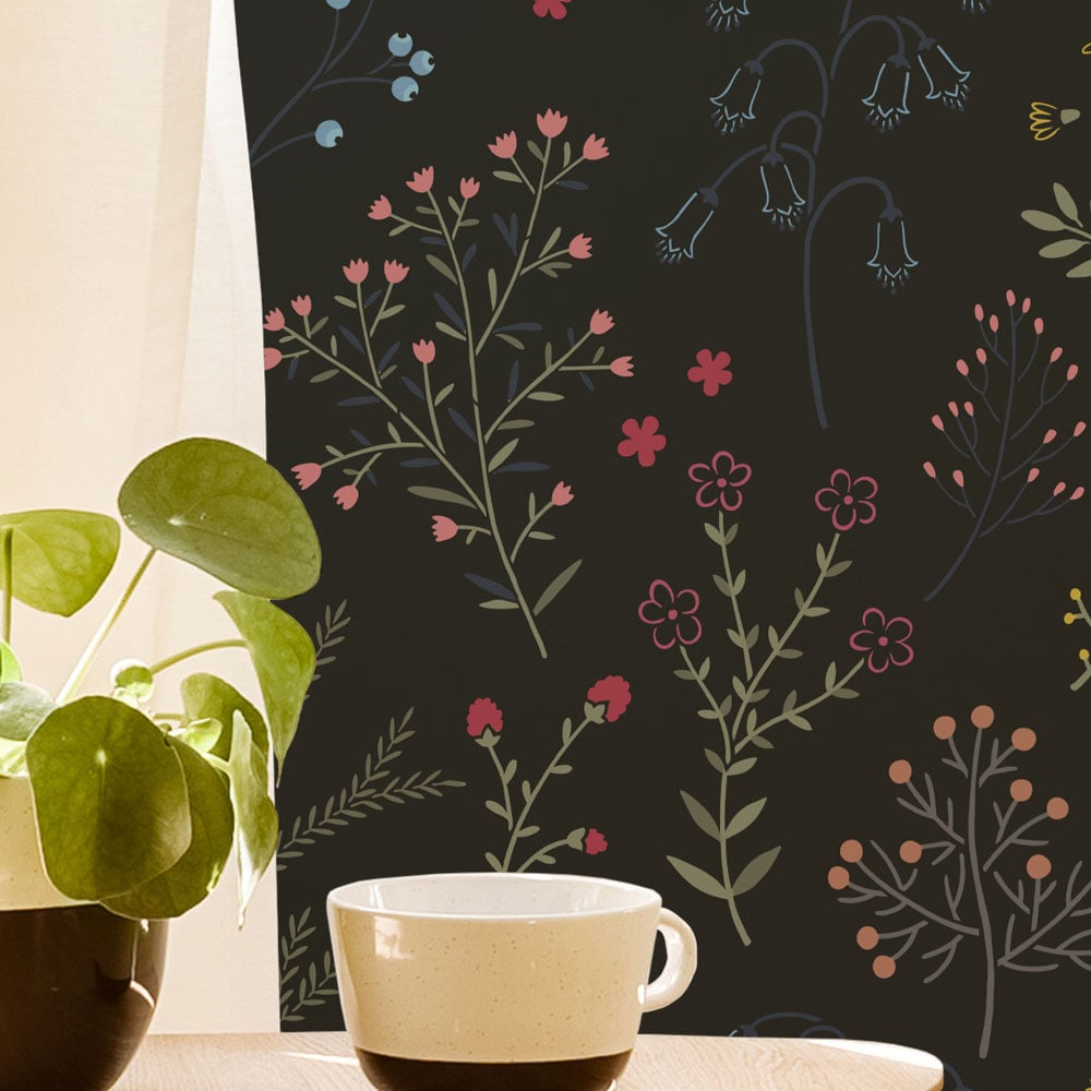 black living room wall botanical wall stencil