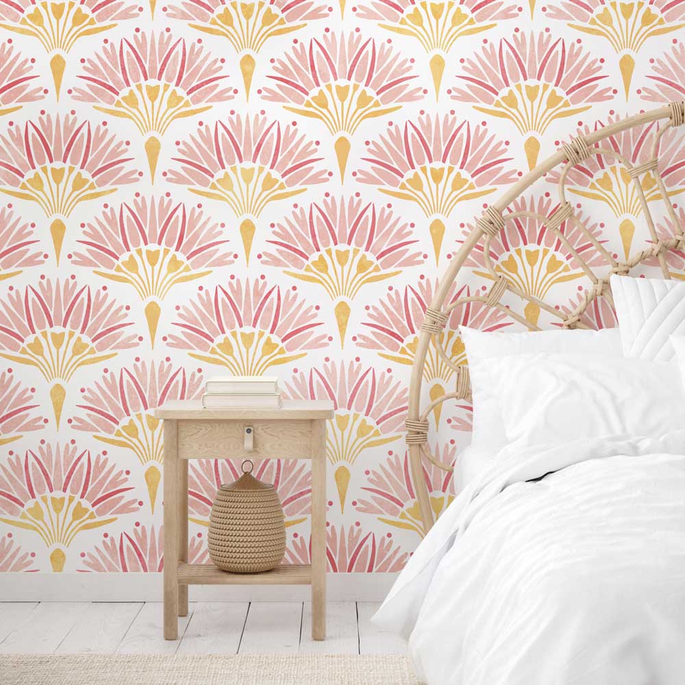 fan flower wall stencil bedroom wall pink stencil design wicker furniture