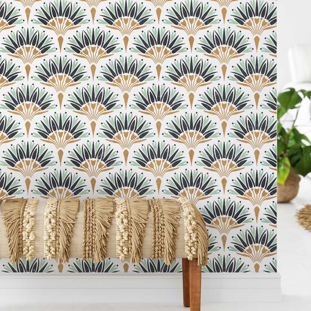 fan flower wall stencil deco fan design boho pattern gold pattern white accent wall