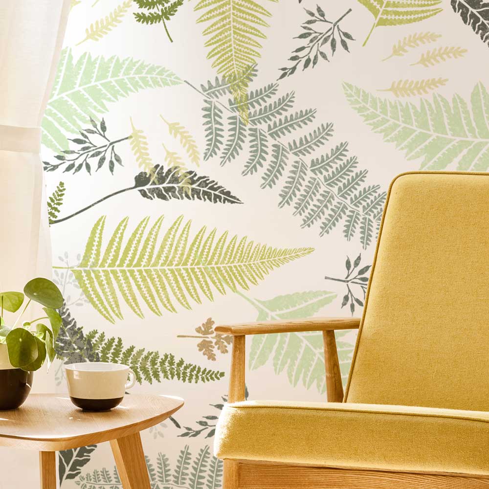 bright tropical fern living room wall