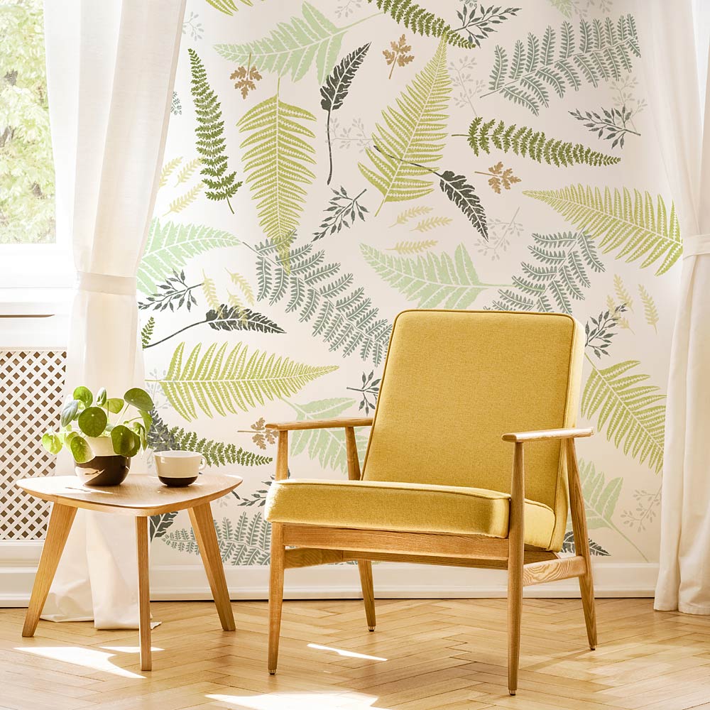 bright tropical fern living room wall