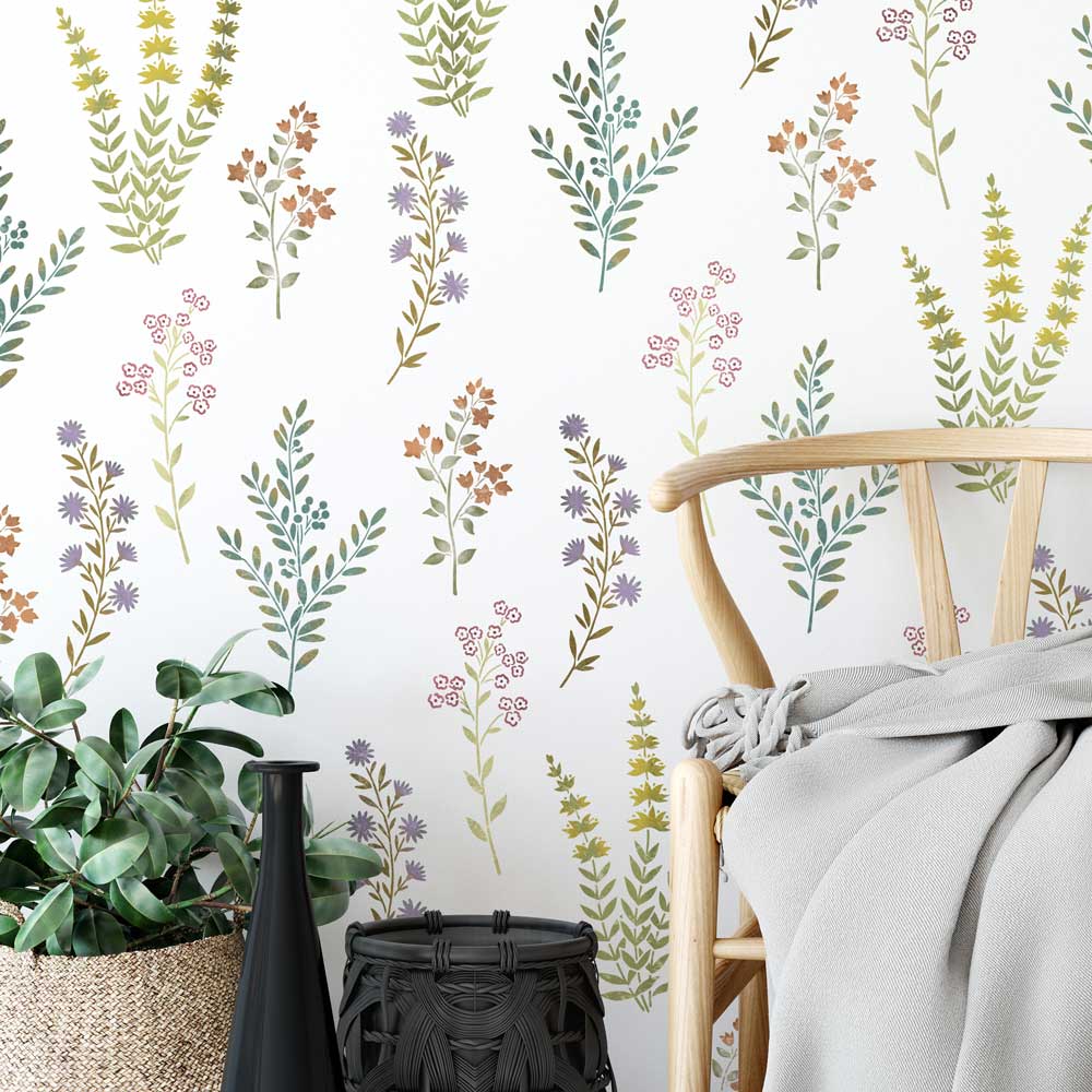 living room wall stencil field flowers kit