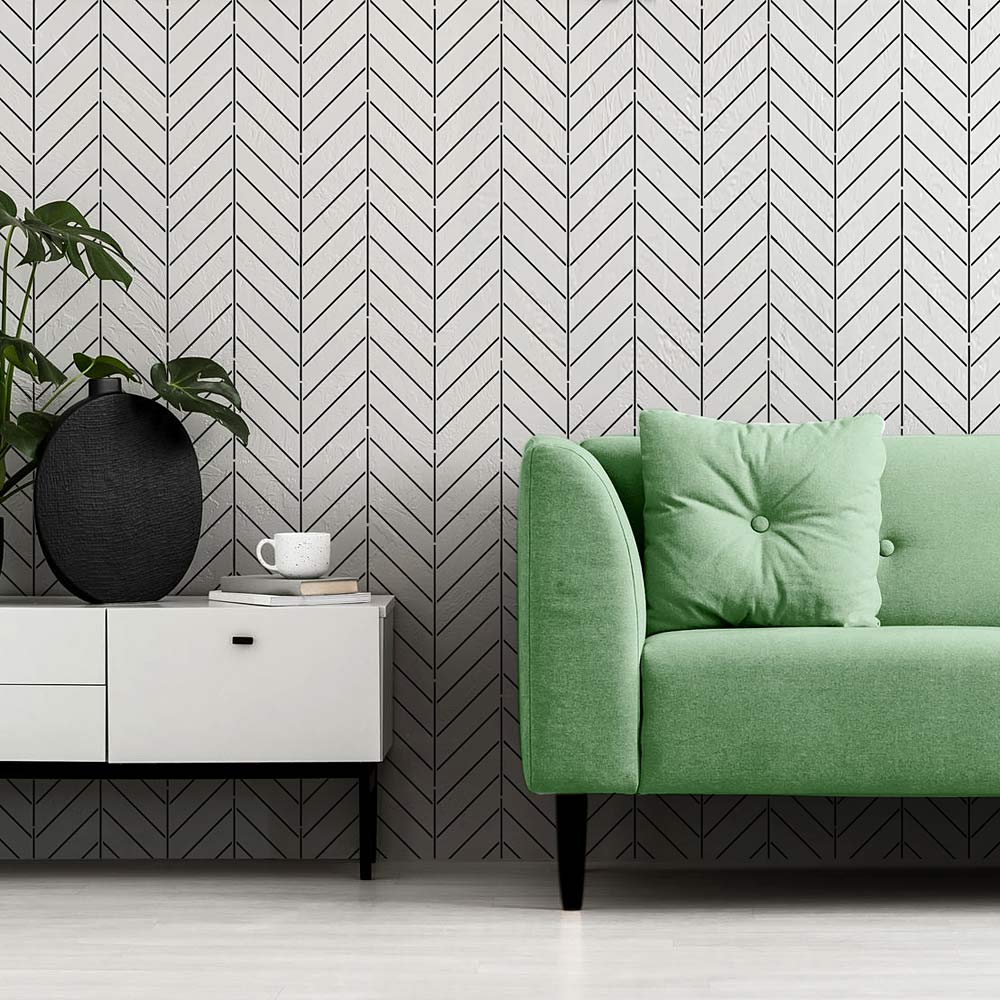 painted grey wall herringbone pattern stencil