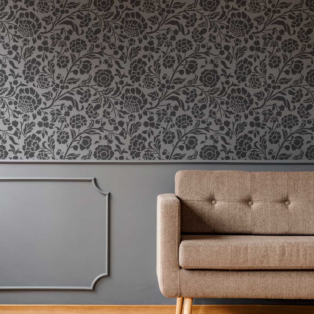 wall stencil floral dark wall color living room