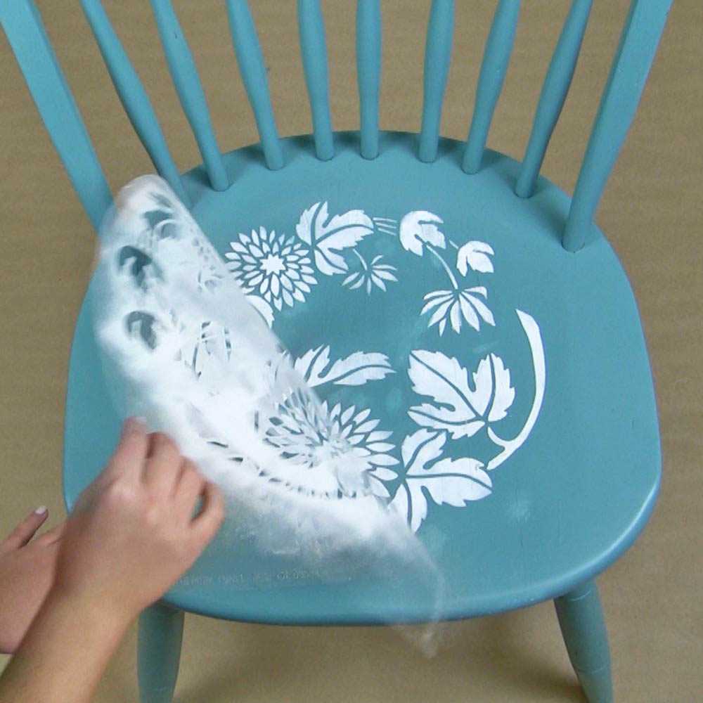 Chrysanthemum Twist Stencil pattern on blue chair