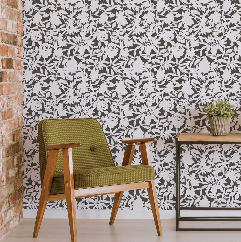 black and white stencil brick wall living room floral dance allover stencil