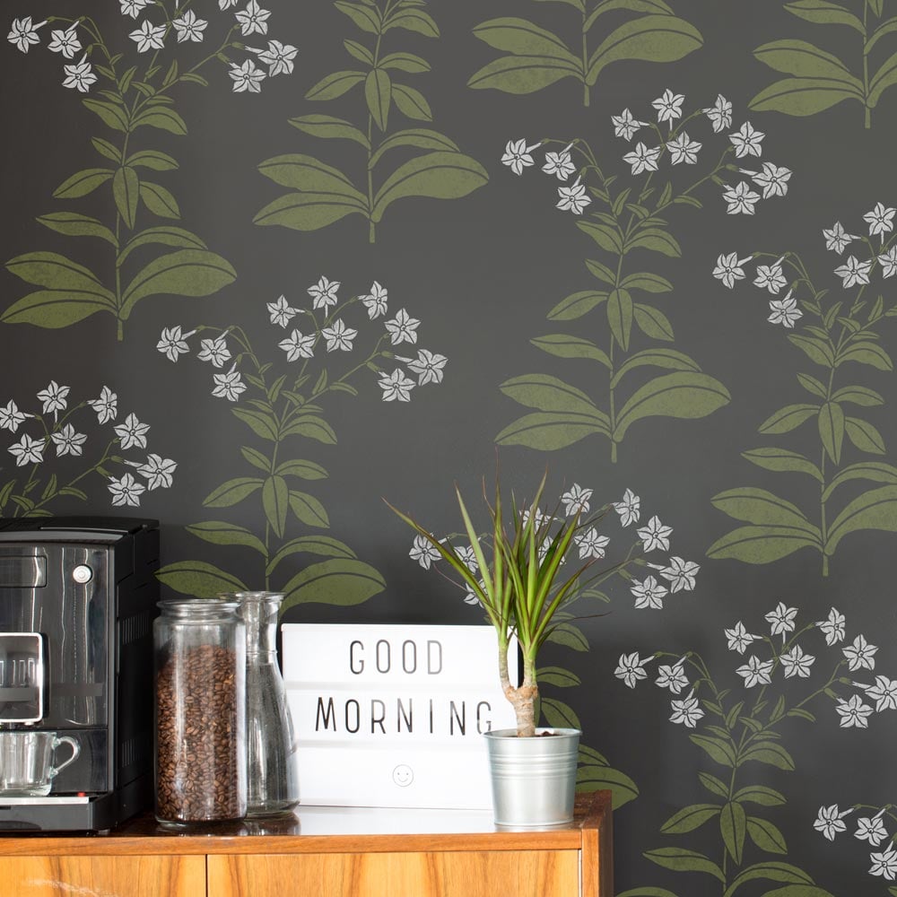 dark tobacco flower stencil kitchen wall