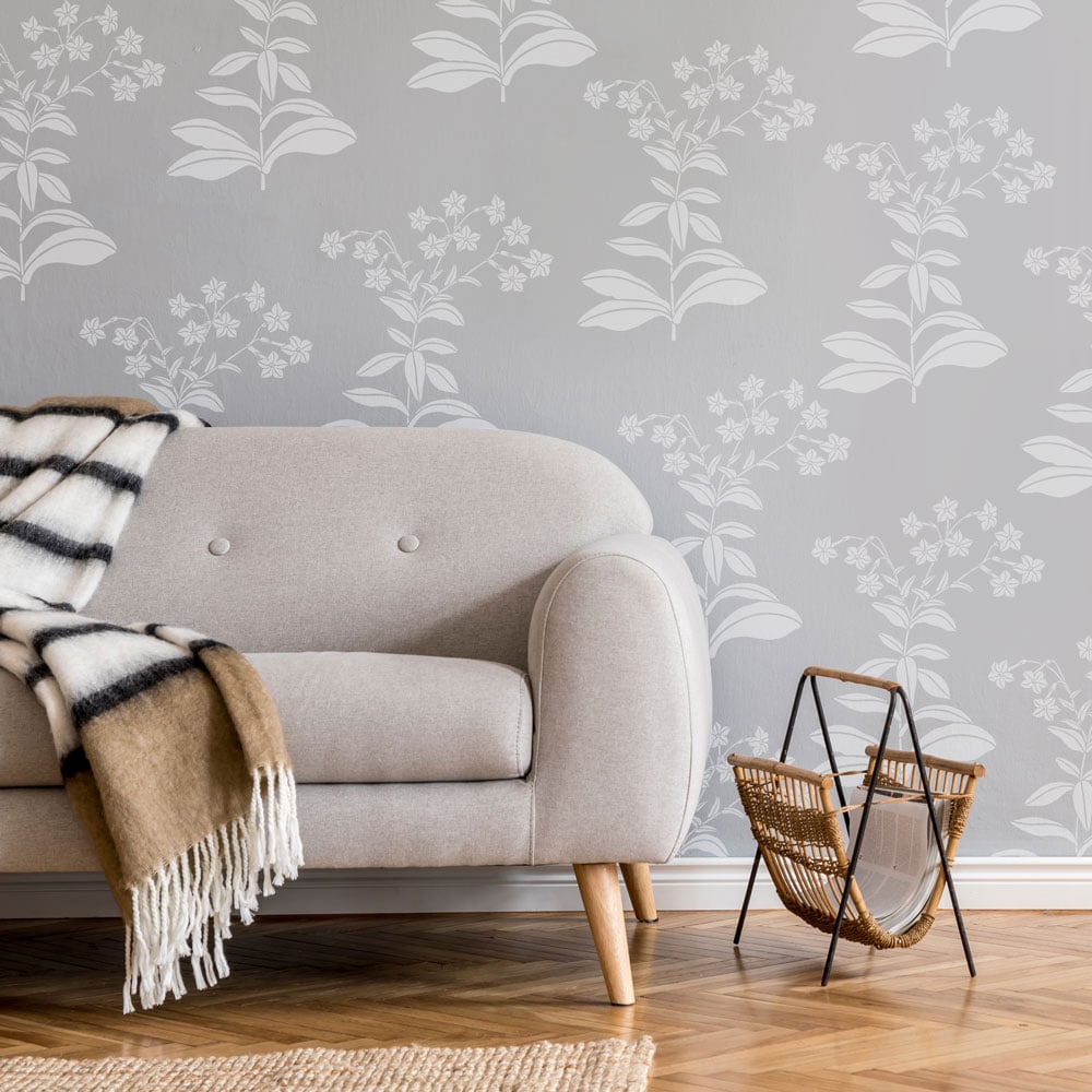 grey and white tobacco flower stencil living room