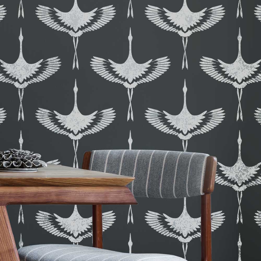 dining room gray flying cranes stenciled wall