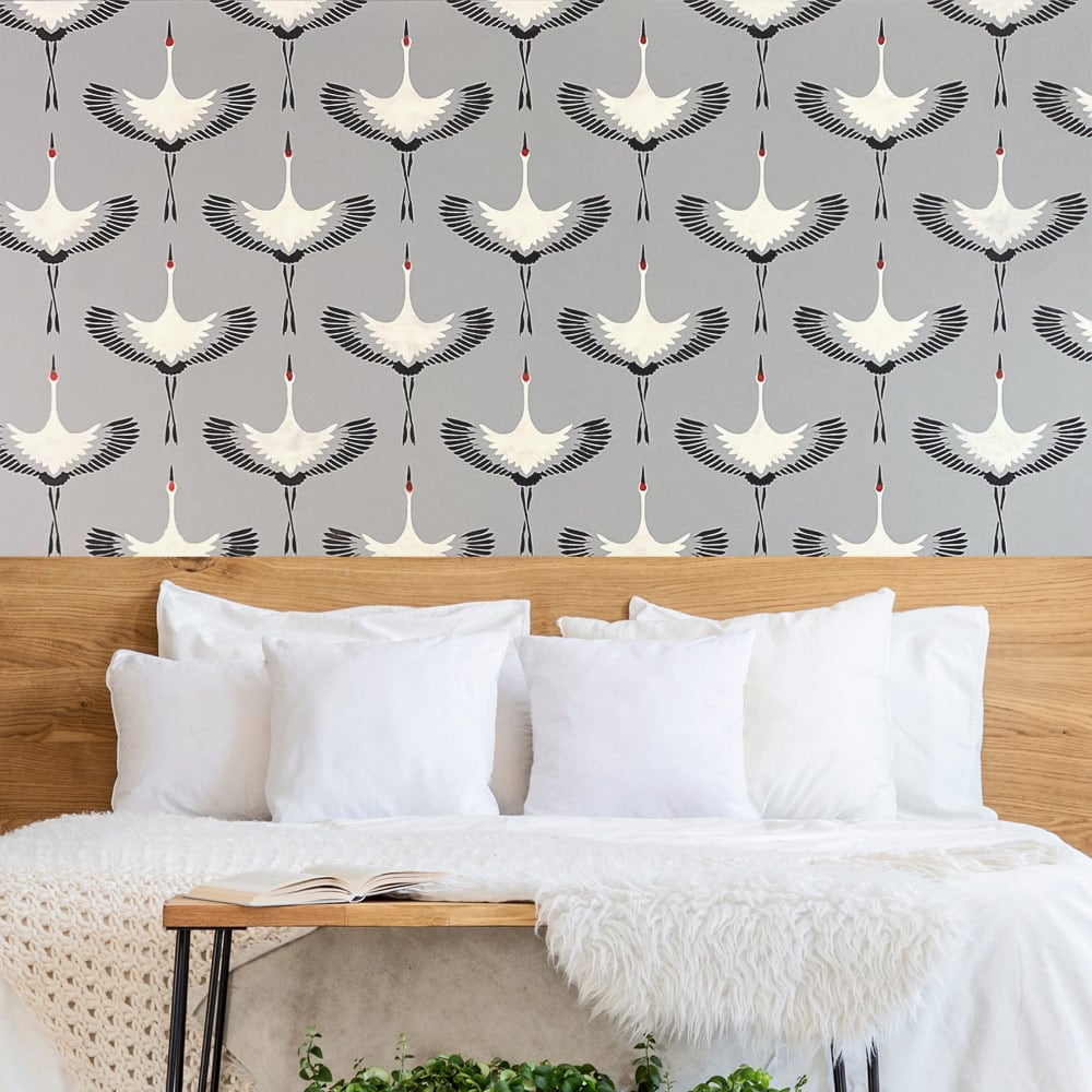 flying cranes wallpaper stencil grey wall