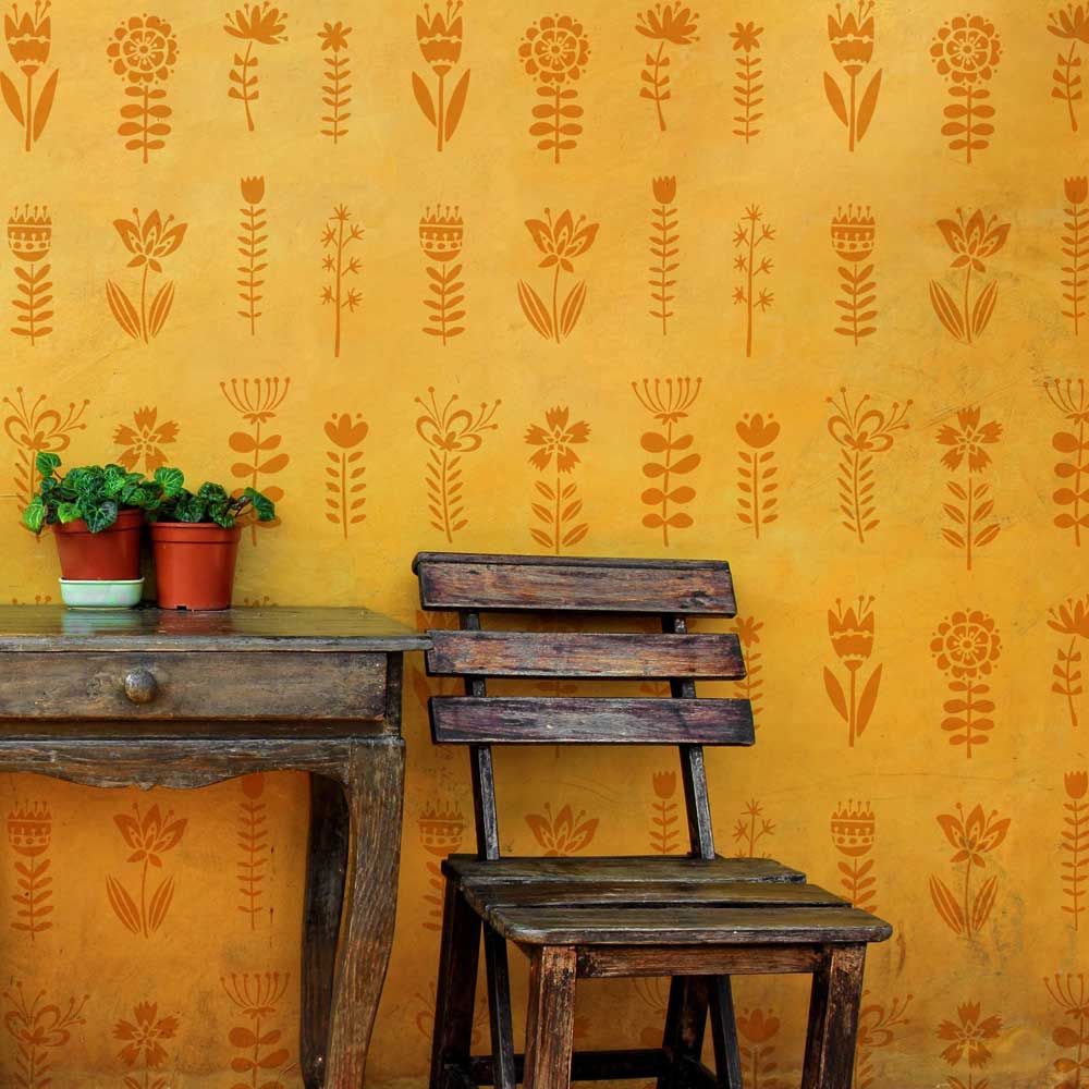 yellow walls wood furniture folk flowers allover